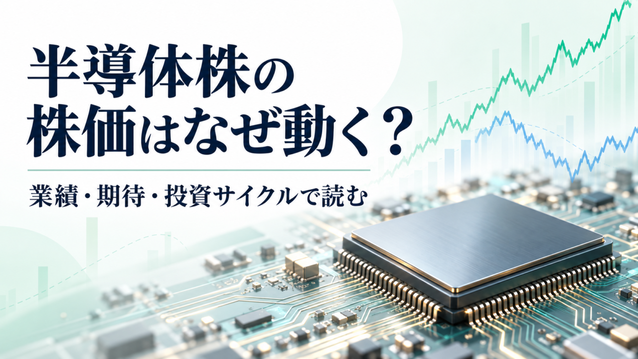半導体チップと上下する価格線を描いた、半導体株の株価の見方を解説する記事のイメージ画像